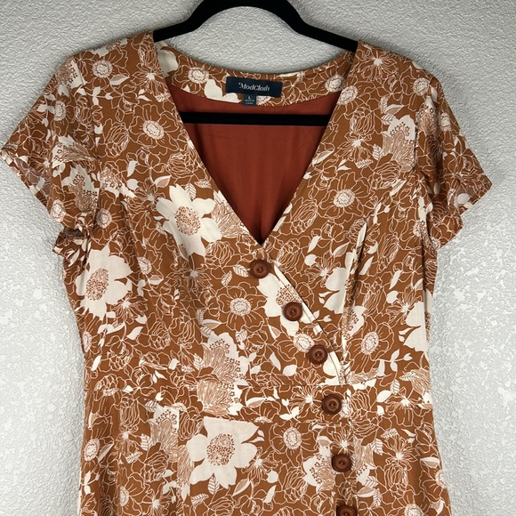 Modcloth Rust Floral Cottagecore V-Neck Fit & Flare Mod Midi Dress Size Large - Picture 2 of 8